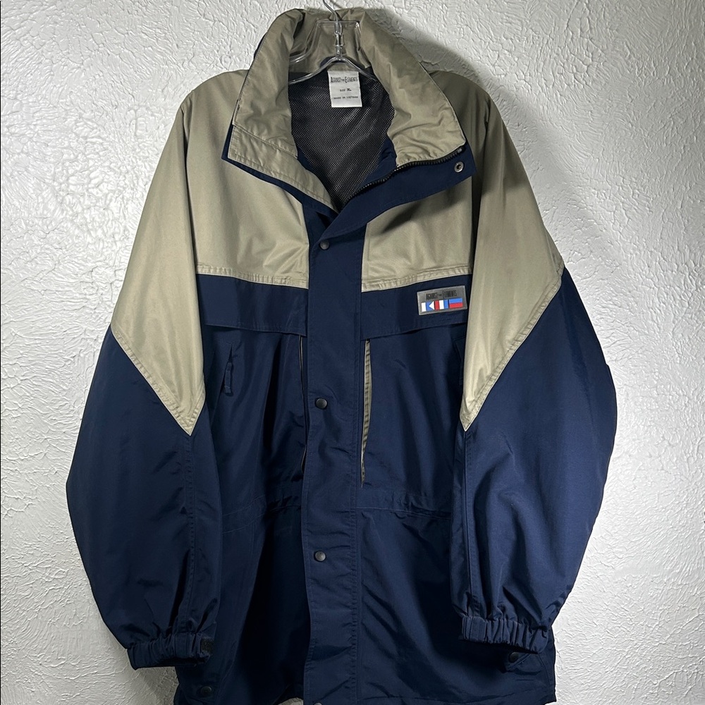 Against The Elements Navy Tan Jacket Hooded Windbreaker Marine Weather Jacket